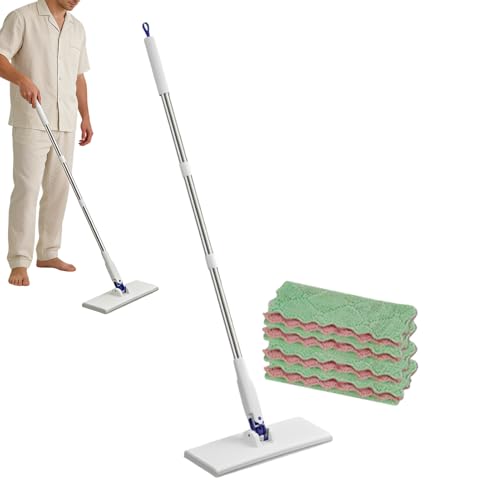 Qfdiwr Fregona Plana,Limpiador para el Hogar con 4 Paños,Fregona con Click | para Cocina Bano Azulejos Coche Apartamento Salon Dormitorio Cristales Pelo de