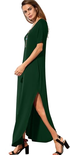 GRECERELLE Women's Maxi Dress Summer Casual Loose Side Split Short Sleeve V Neck Long Dresses with Pockets, Dark Green, XX-Large