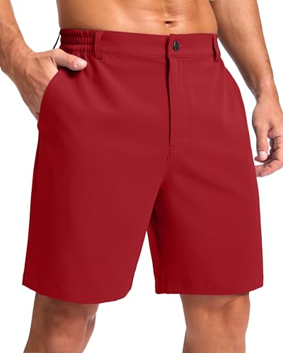Pudolla Mens Casual Shorts 7 Lightweight Golf Shorts with 3 Pockets Stretch Quick Dry Comfy Work Shorts(Red L