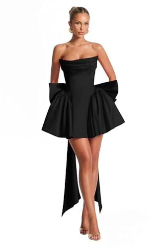 Satin Short Homecoming Dresses 2025 A-Line Strapless Cocktail HOCO Dresses with Bow Cocktail Party Gown