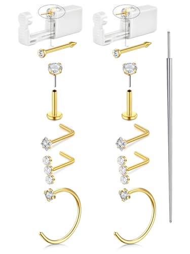 QWALIT Gold Nose Piercing Kit Nose Ring Piercing Gun Self Nostril Piercings Kit with Rings Studs Disposable Nostril Piercings Gun Kits at Home Piercer Tool