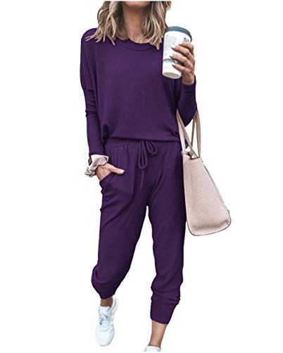 Necosthua Women's Joggers Sets 2 Pcs Outfit Pajama Sets Long Sleeves Athletic Clothing Sets Sleepwear Pullover Lounge Set Purple