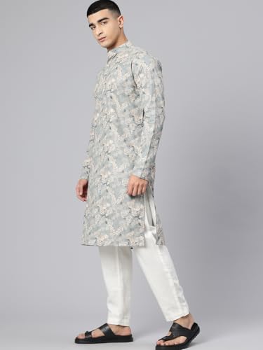 Image of Majestic Man Men's Regular Fit Ethnic Motifs Printed Pure Cotton Long Kurta with Mandarin Collar & Full Sleeves