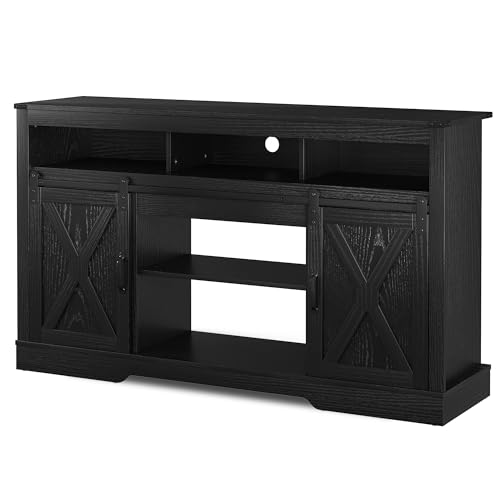 Image of RoyalCraft Farmhouse Fireplace TV Stand for 65+ Inch TV, Entertainment Center with 23 inch Electric Fireplace with Remote, 34 inch Tall Modern Rustic TV Console with Sliding Bar Door for Living Room, Black