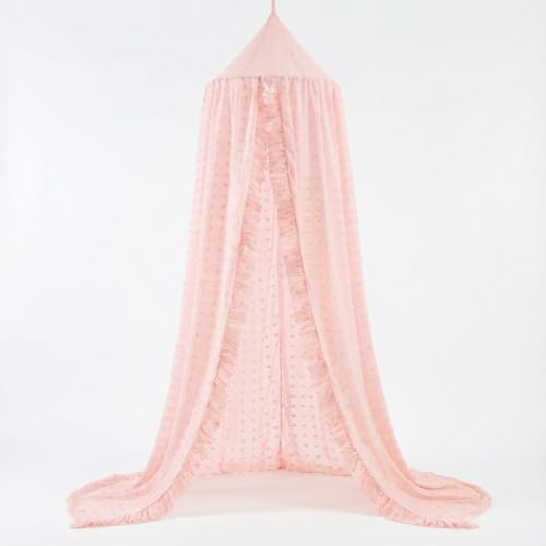 ZIQINPSQ Ciel de lit pour filles et enfants avec pompons - Rideaux de lit en mousseline de soie et dentelle à volants - Décoration de chambre de fille (rose)