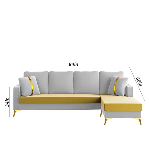 Image of Casaliving Mandis RHS 4 Seater L Shape Sofa Set for Living Room (Yellow Grey Fabric) Premium Fabric Sofa
