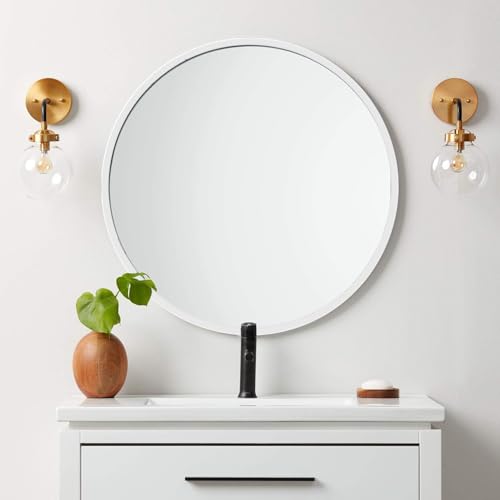 Image of The Arts Box Round Iron Metal Decorative HD Clear Image Wall Mount Round Wall Mirror with Hook for Hanging on Wall for Bedroom, Home Decor, wash Basin, Vanity, Makeup, Bathroom (White 20 Inch)