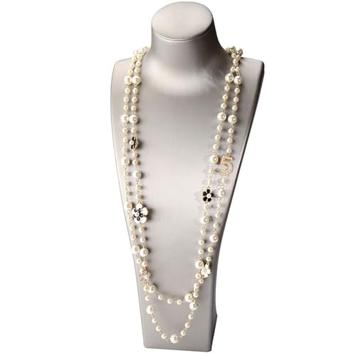 Imitation Pearl Neckalce Camellia Flower Number 5 Long Layered Charm,Long Layered Charm Sweater Neckalce for Women4