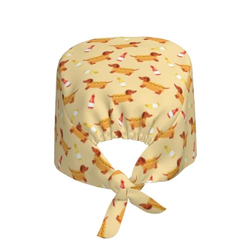 Image of Dachshund Hot Dog Working Cap Scrub Cap with Sweatband Adjustable Unisex Tie Back Hat for Cleaning Farm Nursing