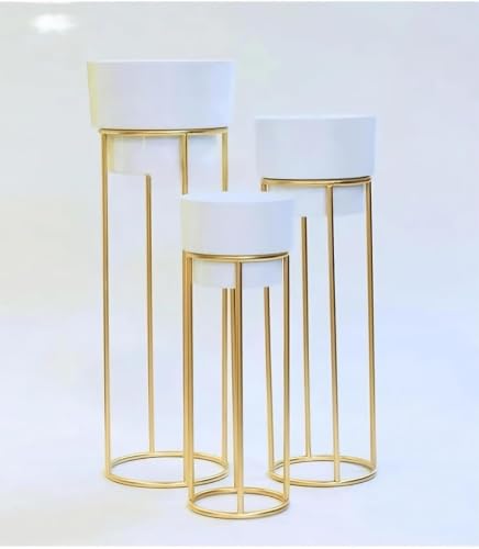 Image of ZM Handicrafts Metal Floor Planter Pot Stand with Gold Finish, Set of 3, Modern Style, for Living Room, Bedroom, Balcony, Office | Indoor / Outdoor Flower Pot Stand with Pots (White Pot)