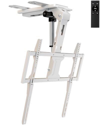 Image of Motorized Ceiling TV Mount with Remote for 37-75'' TVs, Flip Down, White | Sapcing Saving, Include VESA Extender, Fits Flat and Pitched Roof, Electric, Drop Down, Max VESA 600x400 mm, Max holds 99lbs