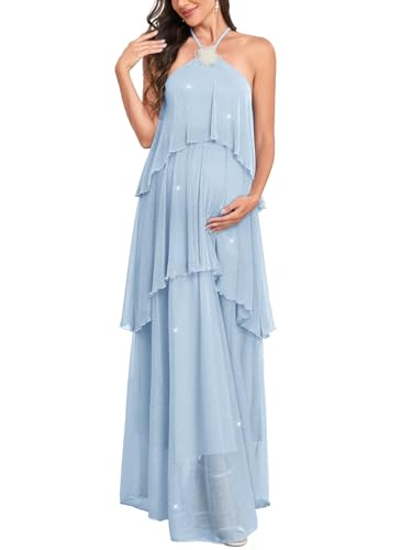 Image of AISWI Maternity Halter Neck Maxi Dress Sparkly Mesh Tiered Ruffle Pregnancy Gown with Flower for Baby Shower Photoshoot