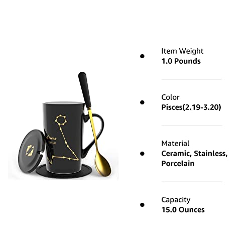 Fullcci -15Oz Pisces Birthday Gift Ceramic Creative Constellation Zodiac Coffee Mug Set Capacity Upgrade Tea Cup For Cocoa Water Milk Juice (Pisces-Black Gold) #TOP5