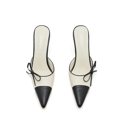 Women Bow Mule Heels Pointed Toe Chic Kitten Heel Slides Vintage Color Block Stiletto Mules Dress Party Wedding Pumps3