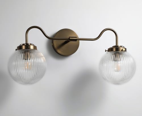 Image of Vintage Gooseneck 2 Light Bathroom Vanity Light Ribbed Glass Globe Antique Bronze Finish Bathroom Light Fixture (Bulb Included)