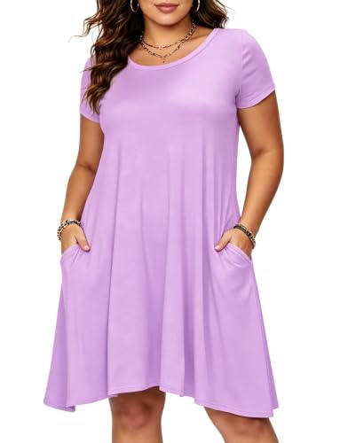 Image of Afibi Womens Short Sleeve Loose Pockets Dress Casual Swing T-Shirt Dresses