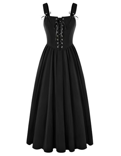 Damen Viktorianisches A-Linie Rockabilly Kleider mit Schnürung Quadratischer Hals Elegant Kleider Maxi Kleid Schwarz XL