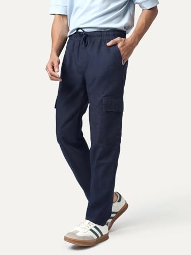 Image of Urbano Fashion Men's Straight Fit Linen Cargo Pants with 6 Pockets