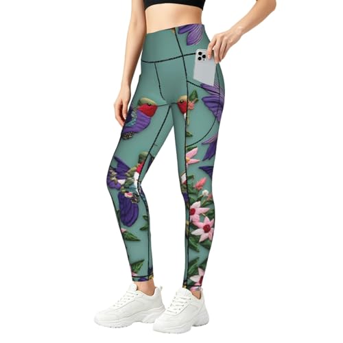 Leggings de colibríes sin transparencias pantalones elásticos con bolsillos para mujer
