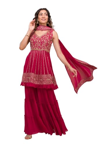 Xomantic Fashion Womens Purple Designer Zariwork Georgette Readymade Sharara Suit