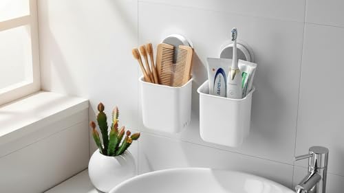 Image of Wall-Mounted Tooth Brush Holder Bathroom - Self-Adhesive Bathroom Organiser Without Drill for Toothbrushes, Toothpaste and Makeup Brushes - Plastic Brush Holder for Bathroom (2, Whitee)