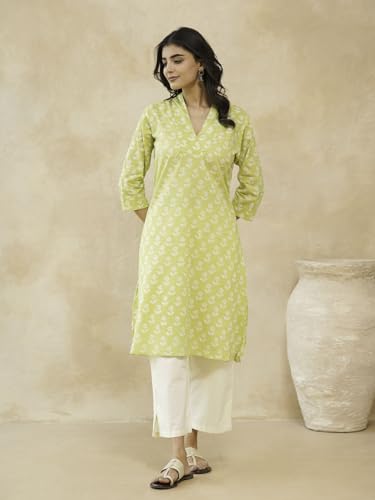 Image of GOODHAND Women Cotton Block Printed Kurta, Straight Fit Ethnic Kurti for Daily,Office & Casual Use