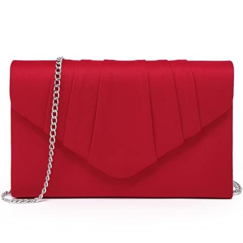 Dasein Womens Evening Bag Velvety Pleated Envelope Clutch Handbag Wedding Party Bridal Purse (Red)