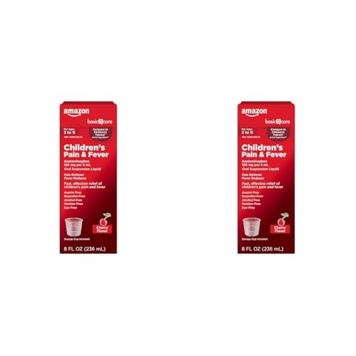 Image of Amazon Basic Care Children's Pain and Fever, Acetaminophen 160 mg per 5 mL Oral Suspension, Dye-Free Cherry Flavor, 8 fl oz (Pack of 2)
