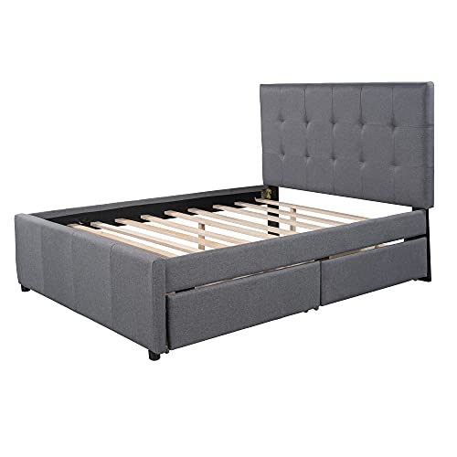 Oudiec Upholstered Full Size Platform Bed With Storage Drawers,Linen Fabric Bedroom Furniture Bedframe W/Headboard & Wood Slat Support For Boys/Girls/Adult,No Box Spring Needed,Gray #TOP6