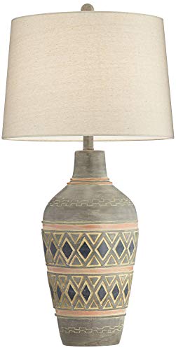 John Timberland Desert Mesa Rustic Southwestern Style Table Lamp 29.5" Tall Gray Pattern Jar Oatmeal Fabric Drum Shade Decor For Living Room Bedroom House Bedside Nightstand Home Office #TOP7
