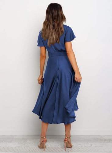 Image of miduo Womens Satin V Neck Ruffle Short Sleeve Tie Front High Waist Midi A-Line Maxi Dresses