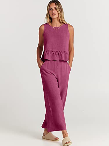 Image of ANRABESS Women's Summer 2 Piece Outfits Sleeveless Tank Crop Button Back Top Cropped Wide Leg Pants Set Pockets, Fuchsia, Small