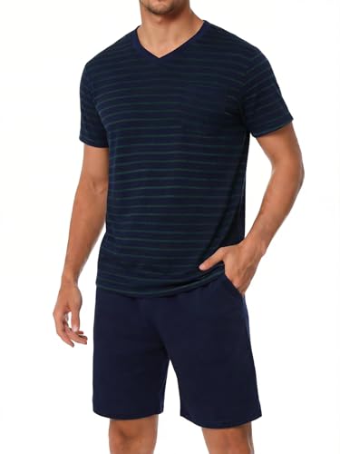 Litherday Pijama Hombre Verano Corto Algodón Conjunto de Pijama Manga Corta Rayas y Pantalon Corto 2 Piezas Suave y Cómodo