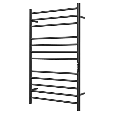 MENATT 12 Bars Heated Towel Warmer Racks Wall Mounted, Electric Heated Towel Rack for Bathroom,Towel Warmer Rack with Built-in Timer,Adjustable Temperature,Matte Black Cover