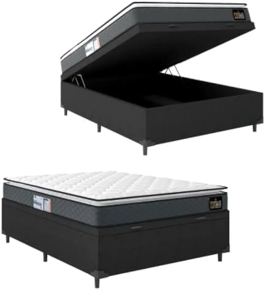 Cama Box Baú Casal Colchão Espuma D33 Pillow Top Millenium 138x188x60cm Cinza/preto Hellen - Suporta até 120kg por Pessoa