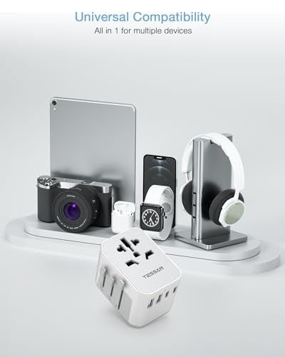 Foto von TESSAN Reiseadapter Weltweit, Reisestecker Adapter Weltweit mit 2 USB A und 2 USB C, Universal Travel Adapter für Deutschland USA England Australien Japan, Internationaler Stecker, Grau Weiß
