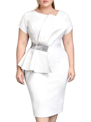 Image of ONTINVA Women White Peplum Dress Short Sleeve Sheath Church Work Dresses (White,2X)