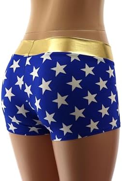 Dilly Duds Blue and White Stars Spandex with a Metallic Gold Waistband - Mid Rise Booty Shorts - Perfect for Cosplay. - Image 4