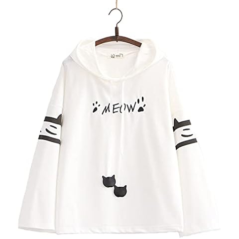 TienNew Women Cute Cat Cartoon Hooded Sweatshirt Loose Long Sleeve Hoody Pullover Hooded Sweater,Women's Cute Hooded Top White Cover
