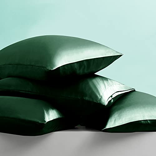Image of Ersmak 7 Pieces Satin Sheets Set Queen Size, Luxury Silky Emerald Green Satin Bed Sheets Set with 1 Deep Pocket Fitted Sheet, 1 Soft Flat Sheet, 4 Queen Pillowcases and 1 Body Pillowcase