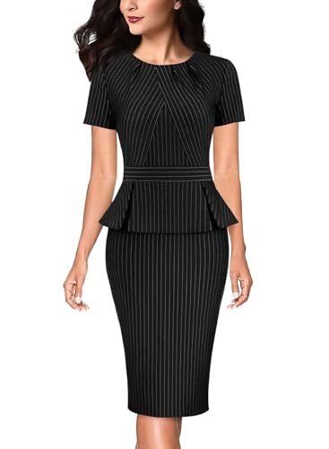 Image of VFSHOW Womens Pleated Crew Neck Peplum Work Business Office Church Bodycon Pencil Sheath Dress