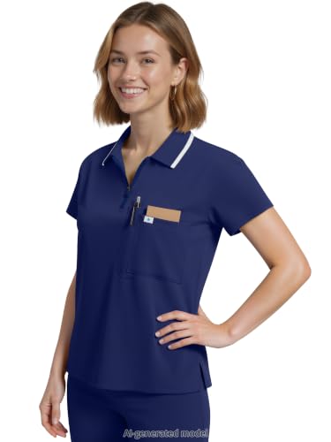 Image of Scrub Tops for Women, Medical Short Length Zip-Front Polo Scrub Top