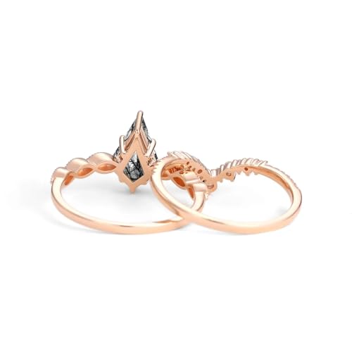 1/1.5/2 Carat Kite/Pear Cut Black Rutilated Quartz Wedding Ring Set for Women S925 10K 14K 18K Gold Black Rutilated Quartz Engagement Rings Unique Bridal Set Promise Rings for Her4