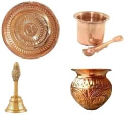 Hijet Copper Combo Items Pooja Thali, Kalash de cobre, panchpatra de cobre con Pali (Aachamani) y campana Aarti de latón, para el hogar, la oficina,