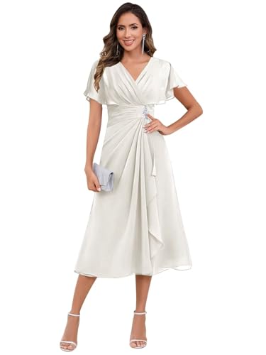 Tea Length Mother of The Bride Dresses for Wedding Formal V Neck Chiffon Cap Sleeve Ruffle Prom Cocktail Gown