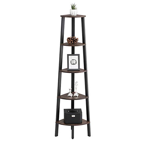 VASAGLE Industrial Corner Shelf, 5-Tier Ladder Bookcase, Storage Rack, with Metal Frame, for Living Room, Home, Office, Rustic Dark Brown