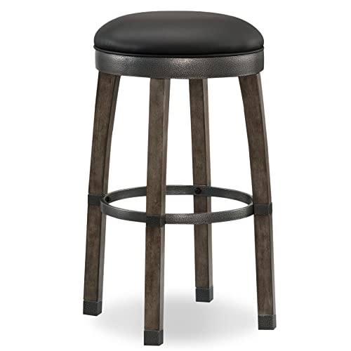 Image of Leick Graystone Wood Cask Stave Bar Stool w /Black Faux Leather Seat, Set of 2, Height