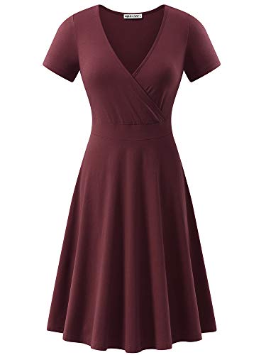 MSBASIC Women's Deep V Neck Short Sleeve Unique Cross Wrap Casual Flared Midi Dress Burgandy