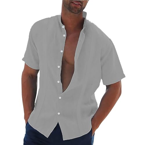 Chemise d'été homme aspect lin col montant décontractée pour la plage