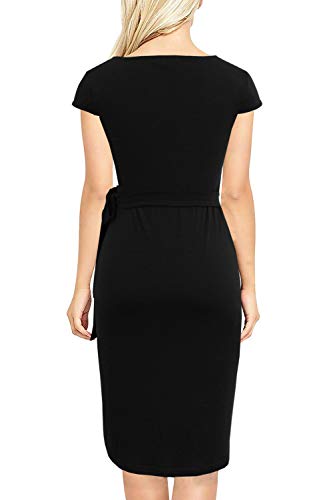 Image of Women's Vintage Cap Sleeves Asymmetrical Neckline Sheath Bodycon Casual Work Cocktail Party Pencil Faux Wrap Dresses